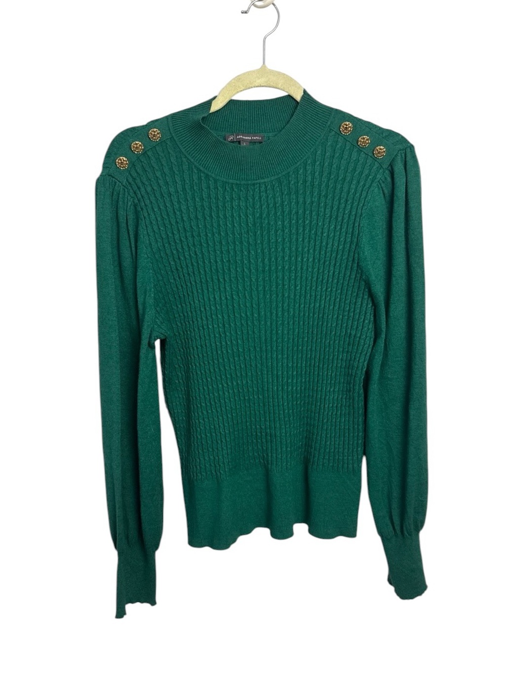Adrianna Papell gold button embellished preppy kelly green sweater Large